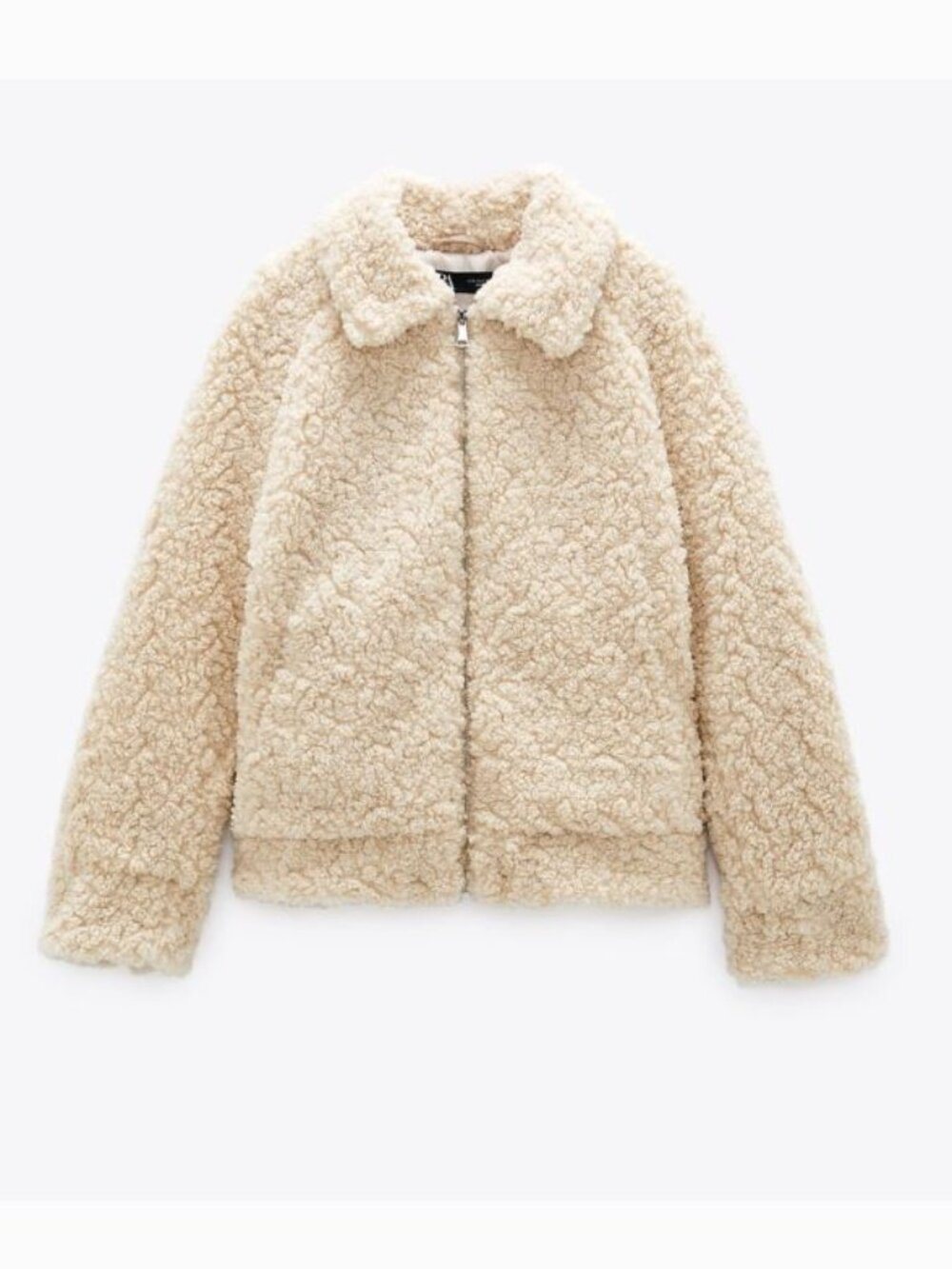 LIKE NEW! ZARA Light Cream Faux Shearling Bomber Short Zipper Jacket - Size L